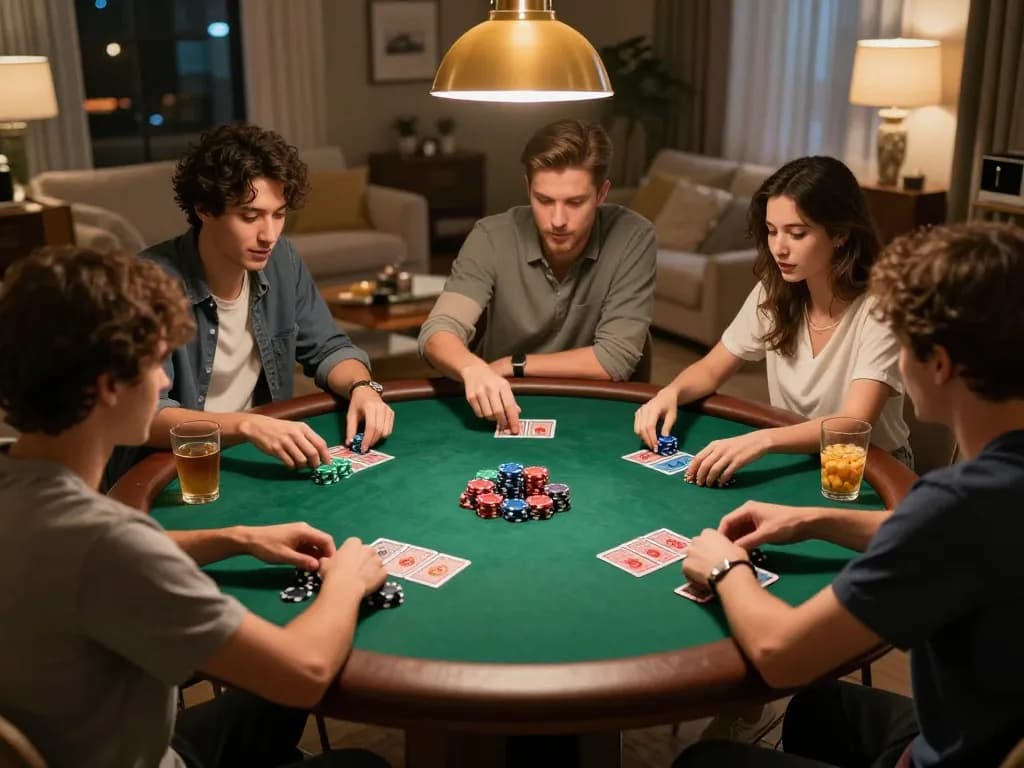 Engaged friends enjoying a spirited poker night at home, showcasing strategies with 789win.