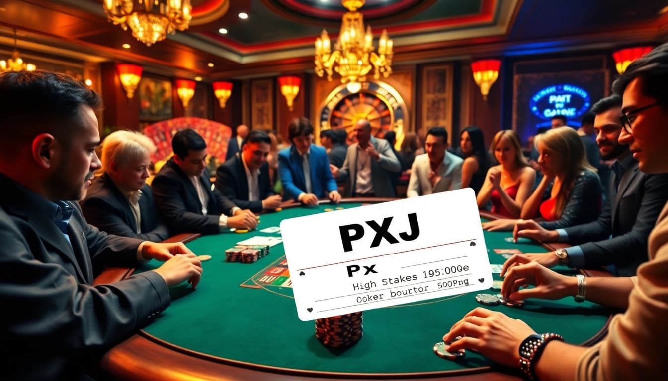 Players strategizing at a high-stakes poker table with PXJ betting slips, exuding luxury and excitement.