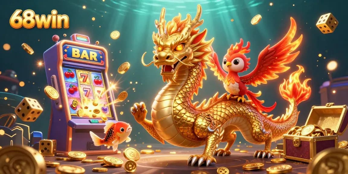 Experience thrilling games at 68win with a dynamic scene of a golden dragon, phoenix, and koi fish immersed in coins and excitement.