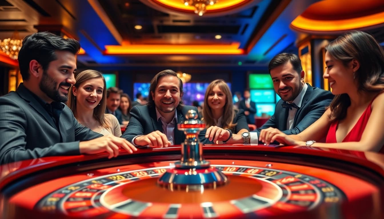 Engaged players at a roulette table in a vibrant gambling forum scene, showcasing excitement and lively interactions.