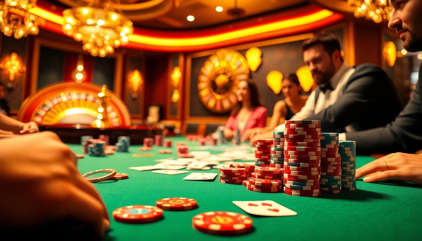 MI88 players enjoying colorful casino games with lively poker chips on the table.