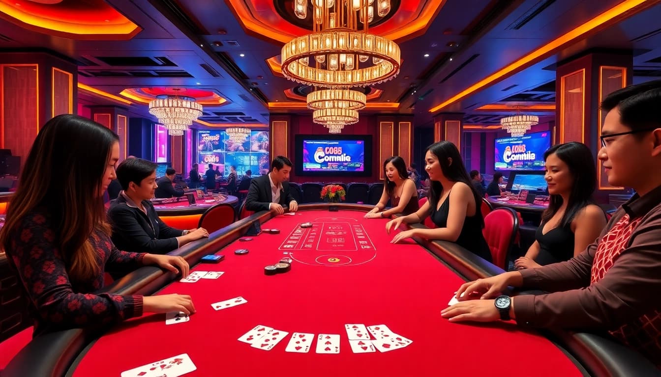 Co88 live casino experience with excited players at a luxurious dealer table.