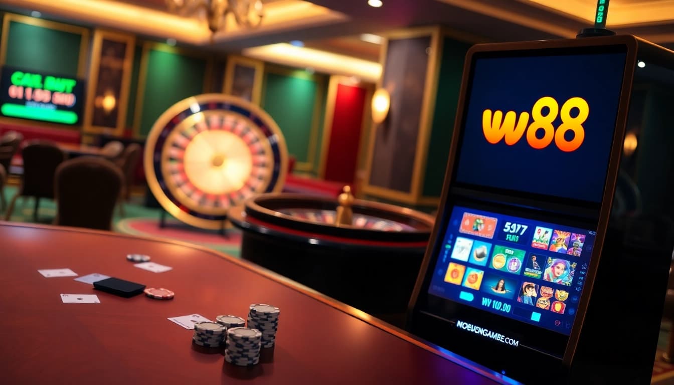 Experience the excitement of ww88 casino with poker chips and a roulette wheel in a luxurious setting.