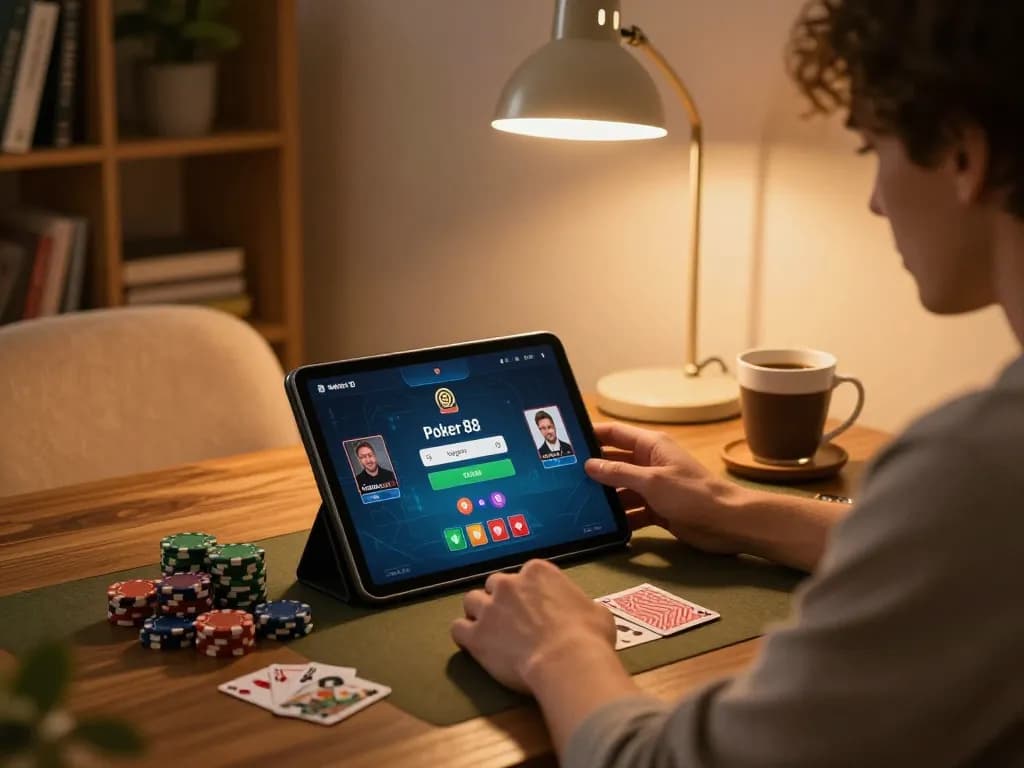 Engaging in Poker 88 Login, a player interacts with the online poker interface in a cozy gaming setup.