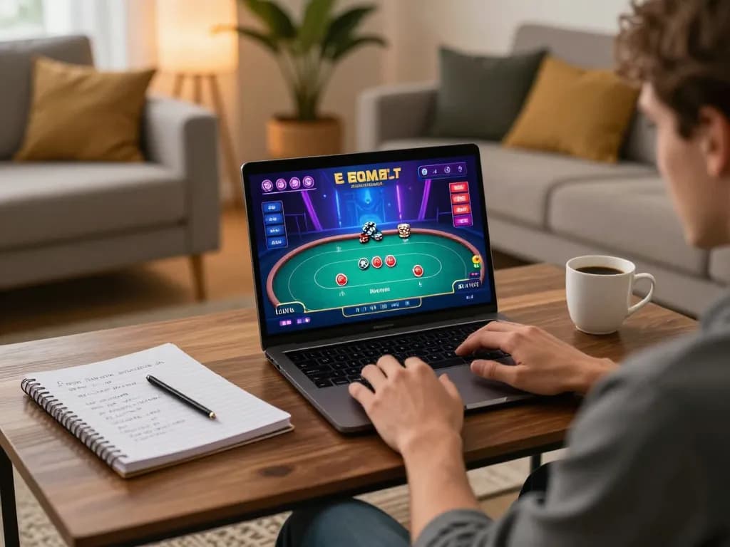 Bong99 player engaging in online poker with detailed strategies in a cozy gaming setup.