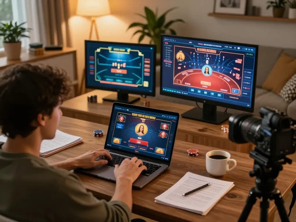 Experience kk win while playing poker on a laptop in a cozy home setting with strategic notes.