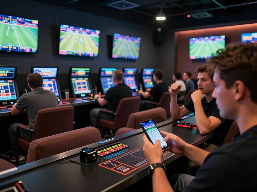 F8BET users engaging in live sports betting with real-time updates on screens, showcasing excitement and action.