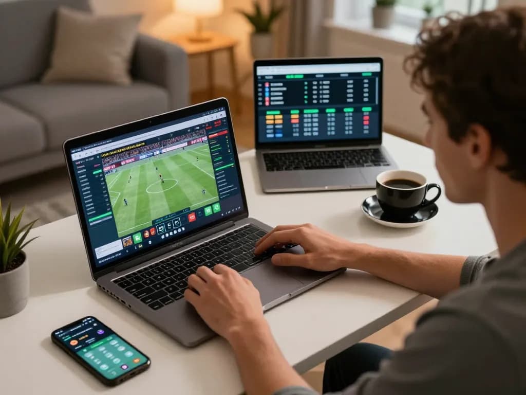 Engaging online sports betting scene at home with fabet gaming app open on smartphone