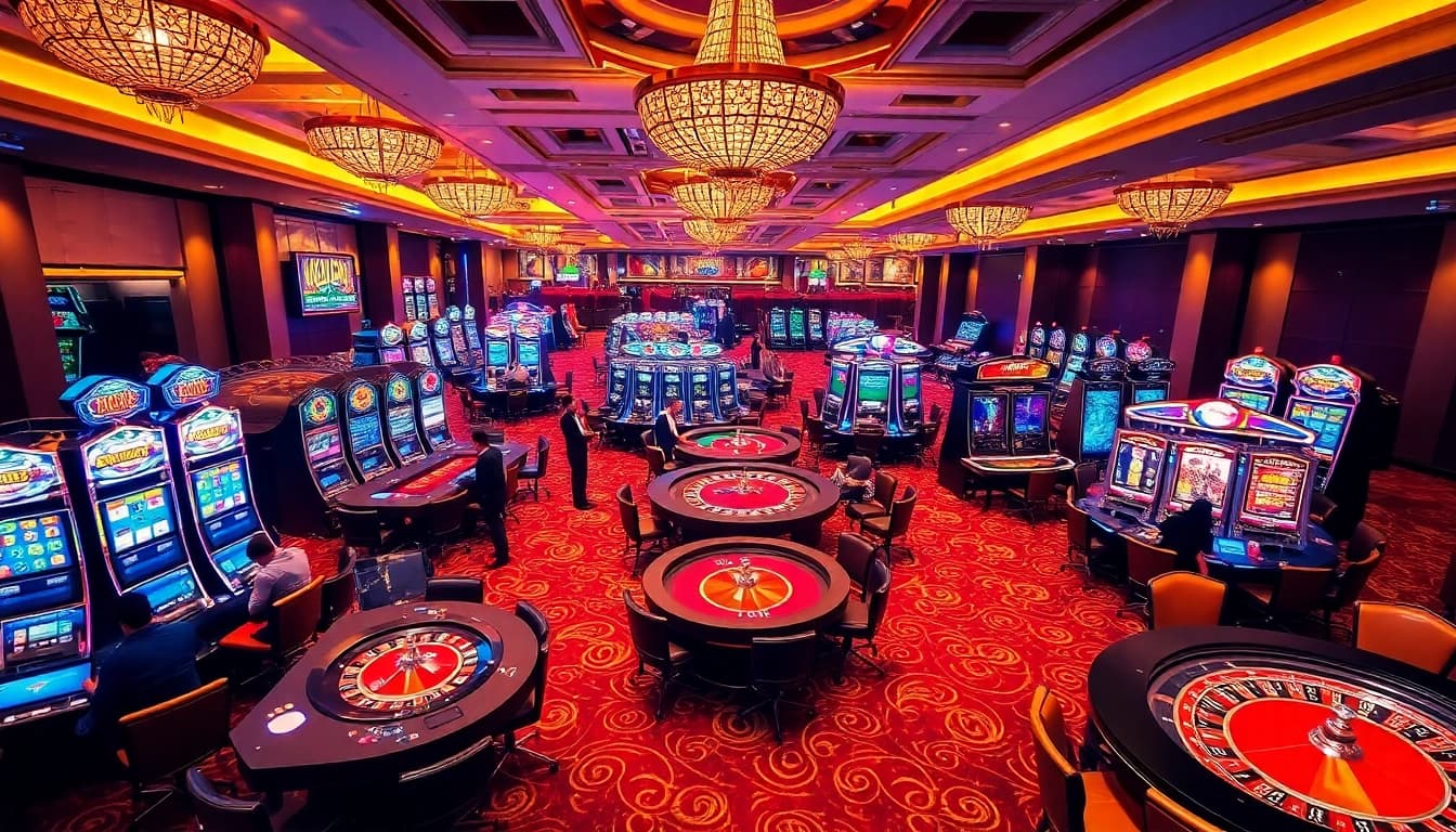U888 casino scene with vibrant gaming action at tables and slots