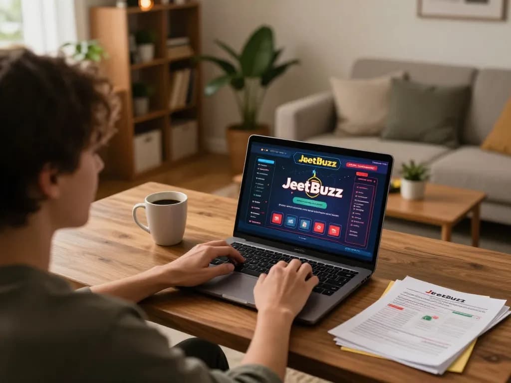 Engaging user playing on Jeetbuzz casino platform from a cozy home, setting a responsible gaming atmosphere.