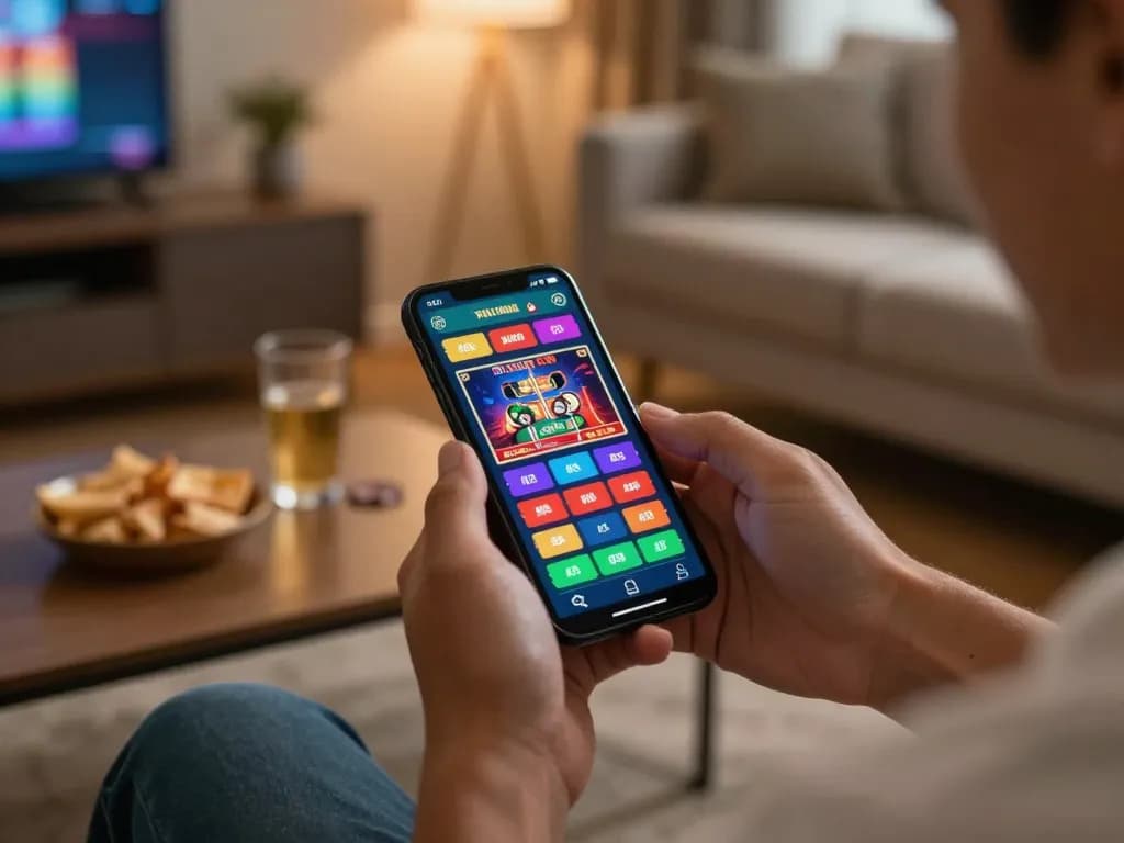 Engaging in online gaming via bdtk66 app on smartphone in cozy home setting