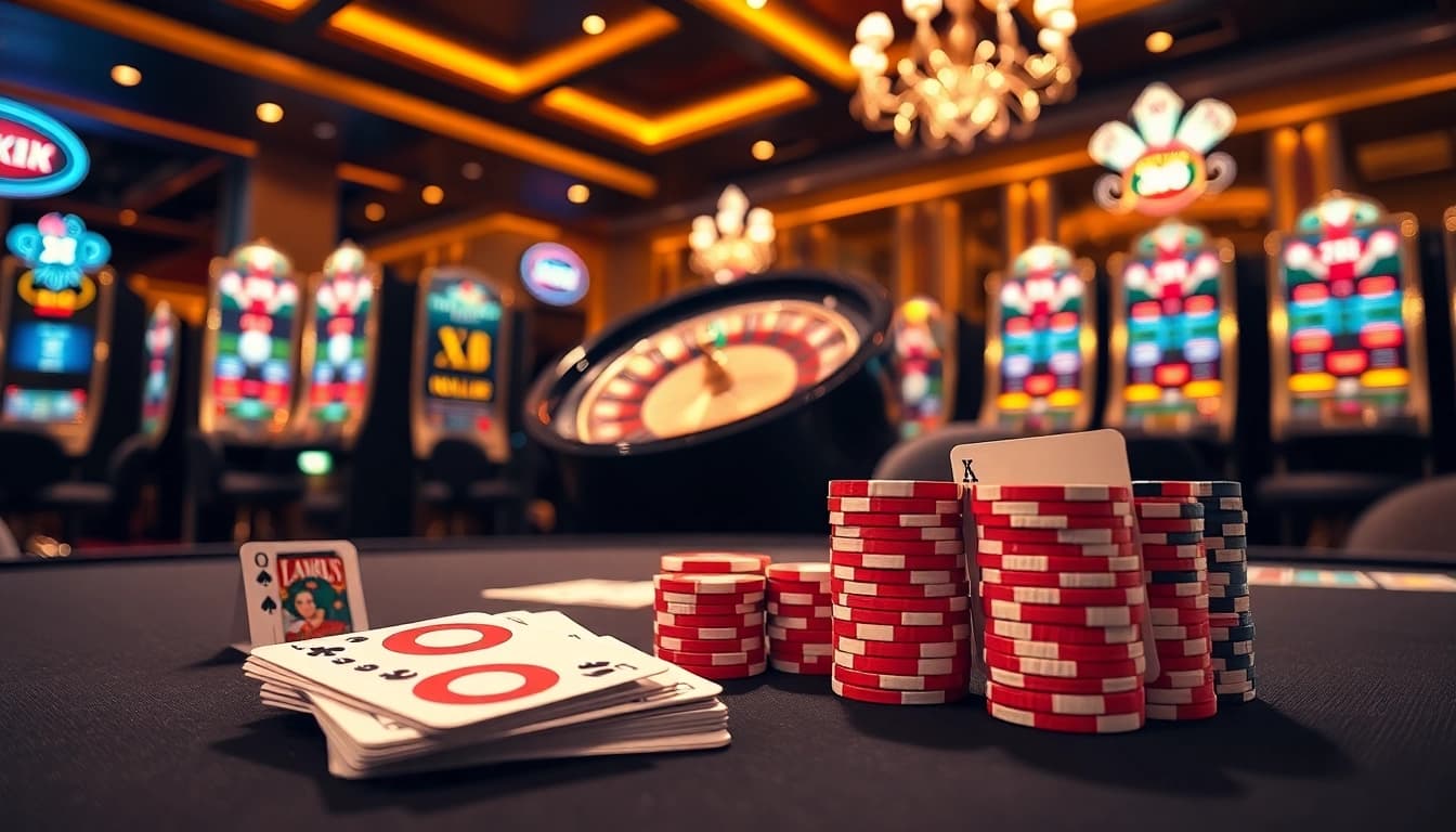 Gamble big at an elegant casino featuring XX 88 themed poker and roulette tables.
