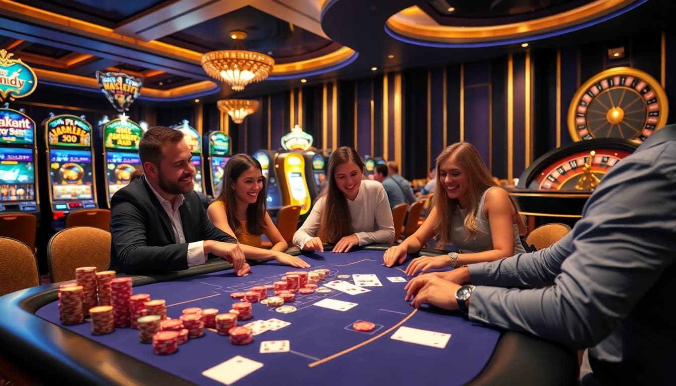 Excitement in SODO-themed casino with players at poker tables and slot machines.