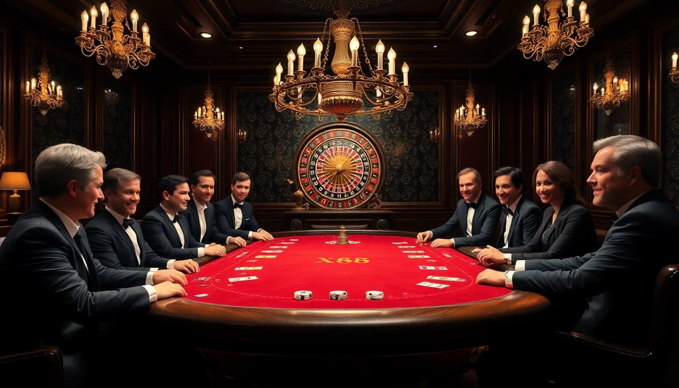 X88 casino scene with poker table, players enjoying Texas Hold'em, luxurious ambiance.