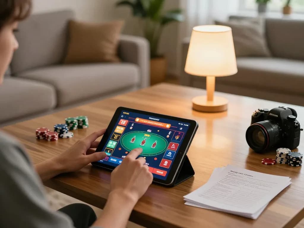 Player enjoying online poker at home with Fly88 app displayed on tablet amidst a cozy atmosphere.