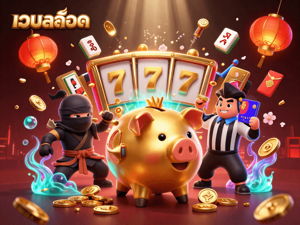 Experience เว็บสล็อต action with slot reels and characters in a vibrant 3D illustration.