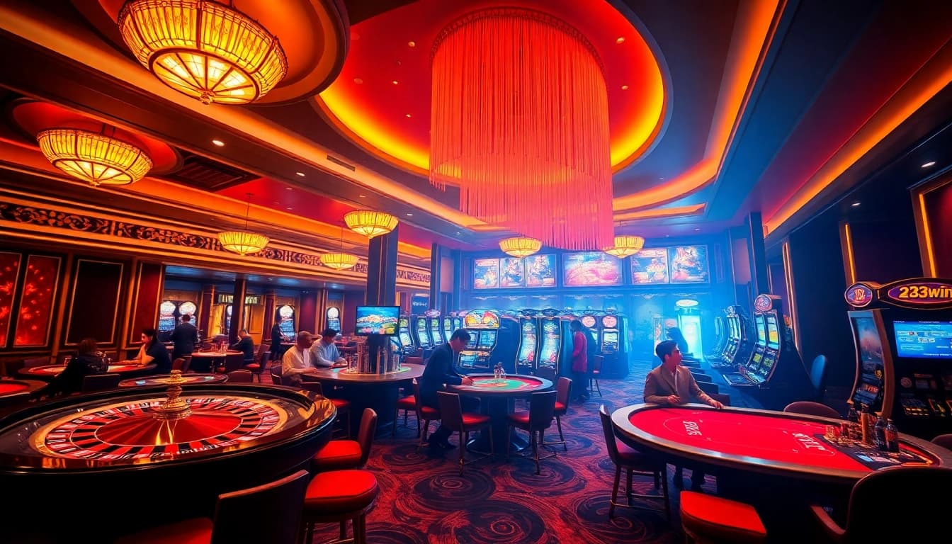Experience the thrill of gaming at 23win's vibrant casino environment, featuring roulette and slot machines.