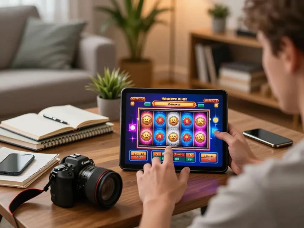 Pemain Kiu77 memutar slot online dari pengaturan rumah di ruang tamu yang nyaman