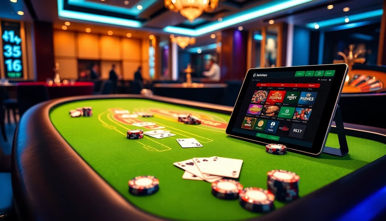 Scene permainan kasino yang menarik menggambarkan 33win68 dengan chip poker, kartu, dan opsi taruhan online yang unggul.