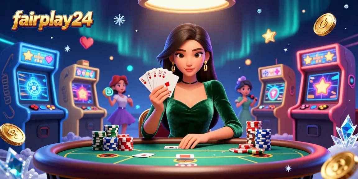Experience exciting gameplay with fairplay24 at a vibrant poker table packed with colorful casino elements.