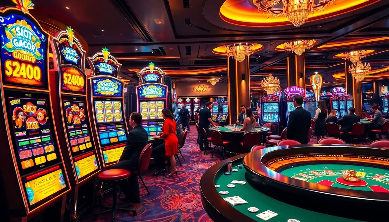 Engaging players at slot gacor machines in a luxurious casino environment, surrounded by vibrant lights and excitement.