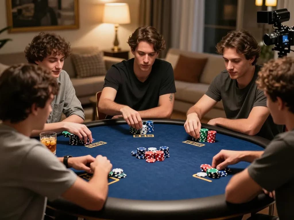 TWIN68 home poker night with friends engaging in strategic gameplay and enjoying drinks.