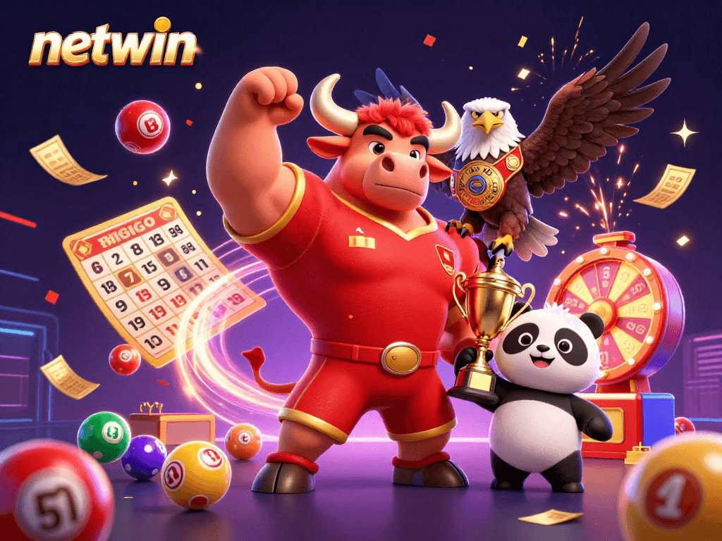 Experience the excitement of netwin with a triumphant bull mascot among lottery balls and sparkling confetti.
