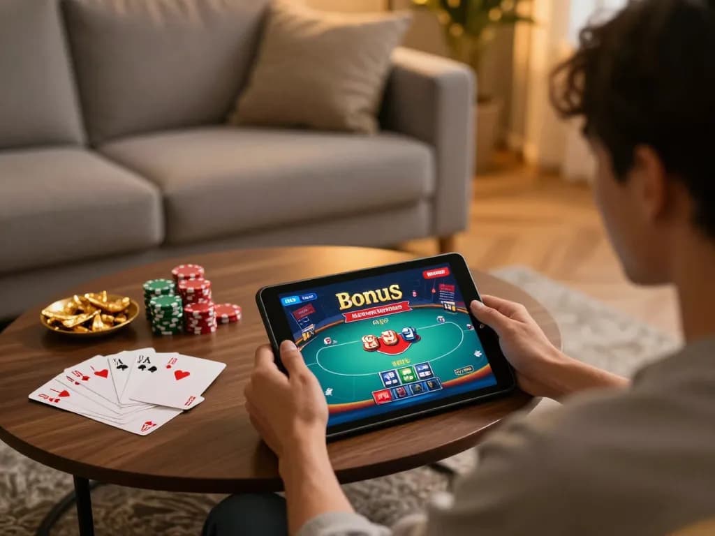 Experience bonus new member excitement while playing online poker with detailed strategy notes on a cozy sofa.