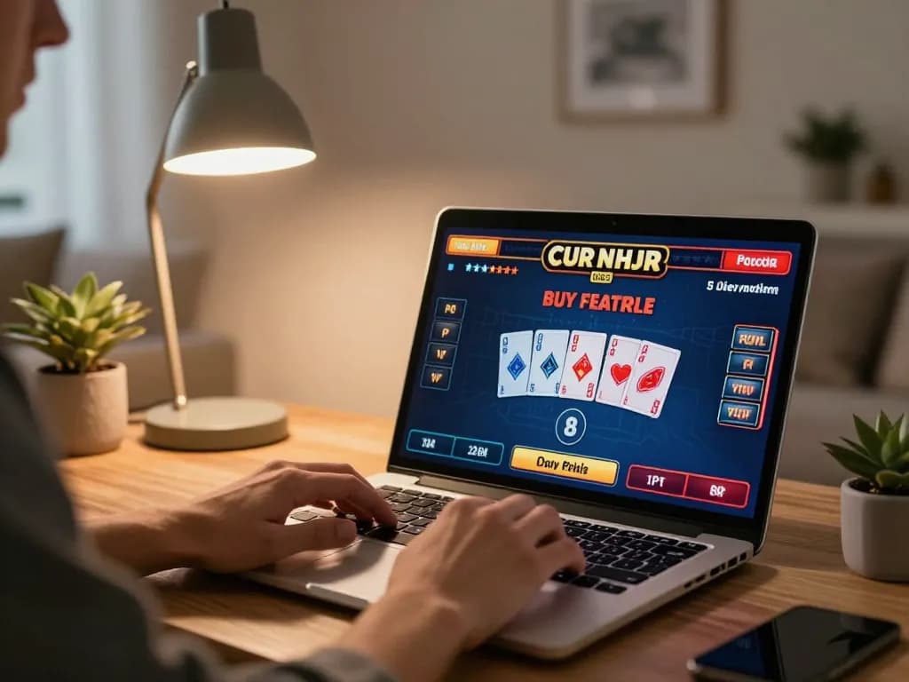Engaged player exploring buy feature slots on laptop in cozy home environment.
