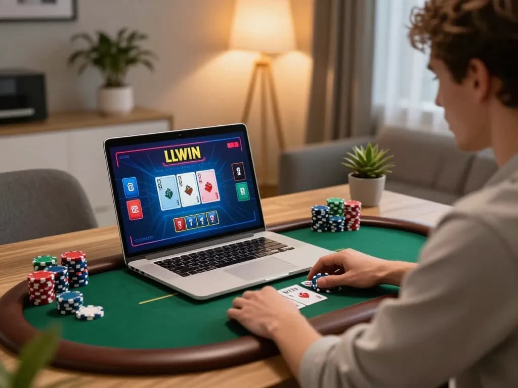 LLWIN player actively engaging in online poker from home, showcasing gaming interface and atmosphere.