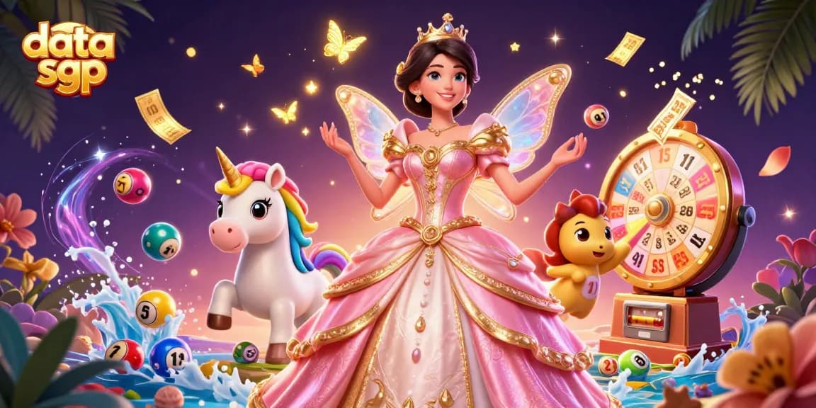 Check the latest data sgp results with colorful lottery balls and fairy-tale themes.