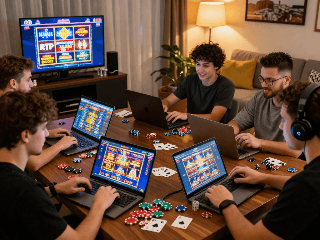 Excited UK players exploring US casinos for UK players through vibrant online platforms featuring high RTP games and live dealer experiences.