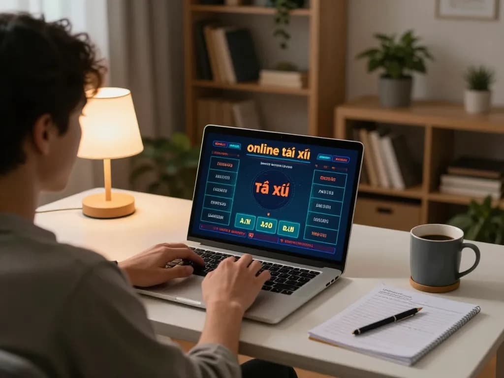 Tài xỉu online gaming session at home, individual engaged in strategic bets while using a laptop.