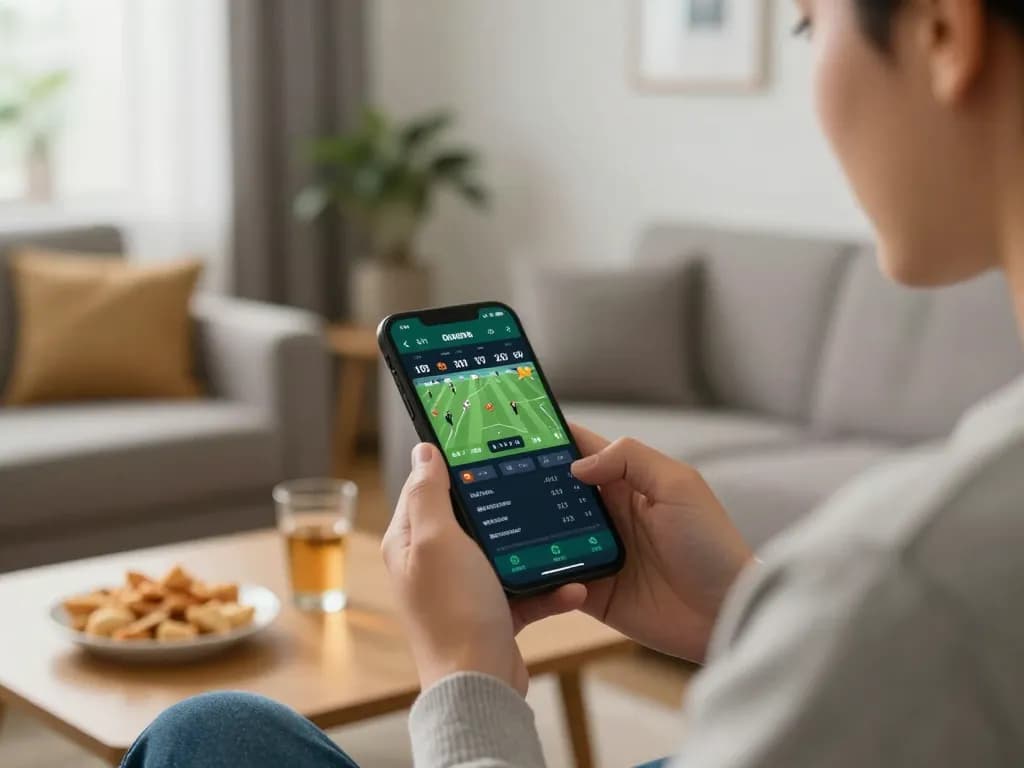 Engaged bettor using a betting app at home, showcasing nhà cái uy tín and strategic gameplay.