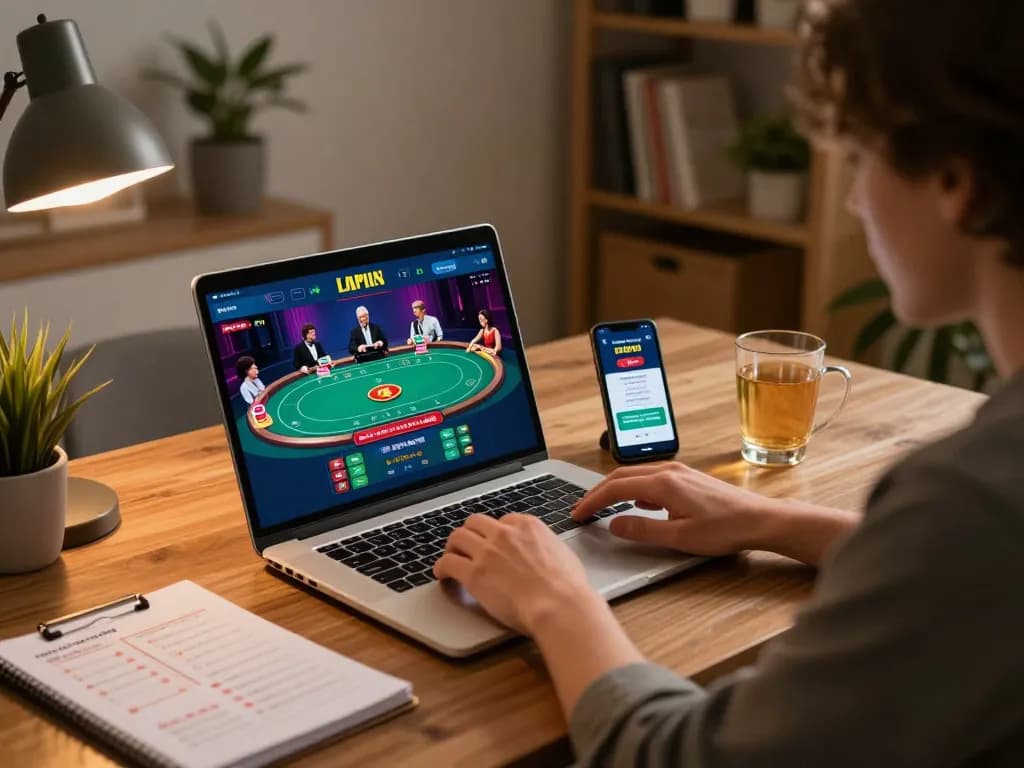 Engaging in bandar togel strategies from home office with laptop and casino app.