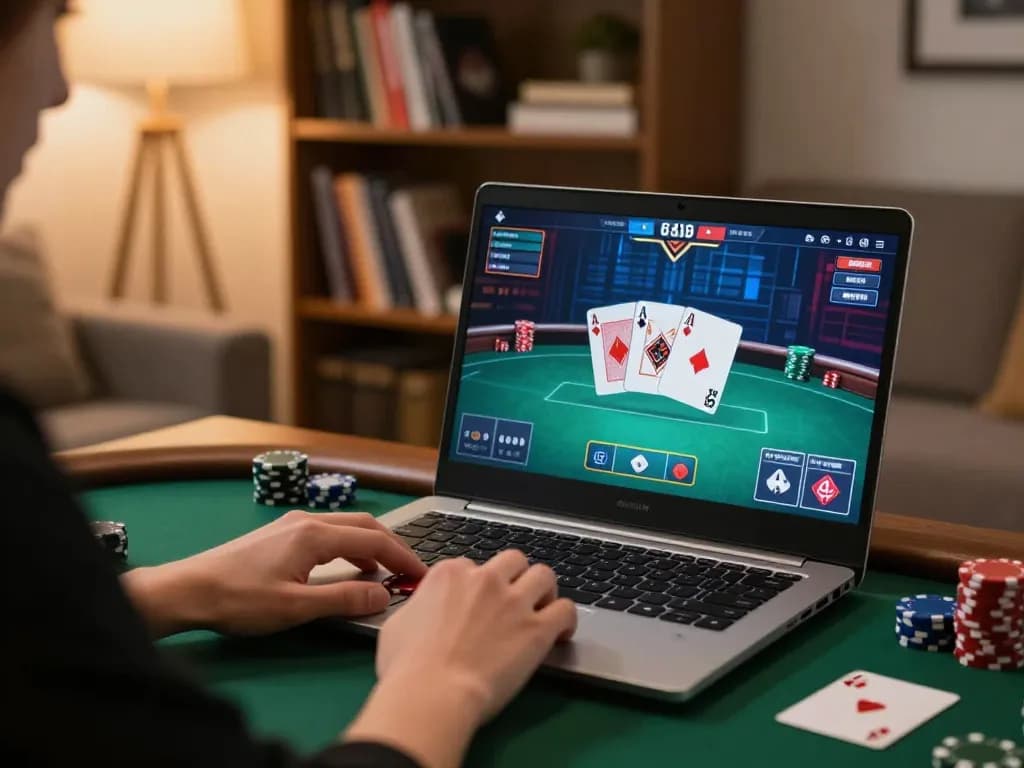 Pemain BOM88 terlibat dalam permainan poker online, menampilkan permainan strategis dan suasana rumah yang nyaman
