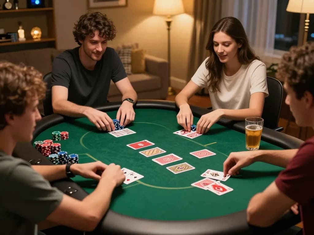 Friends engaged in a thrilling poker game on rikvip platform, chips and cards in action.