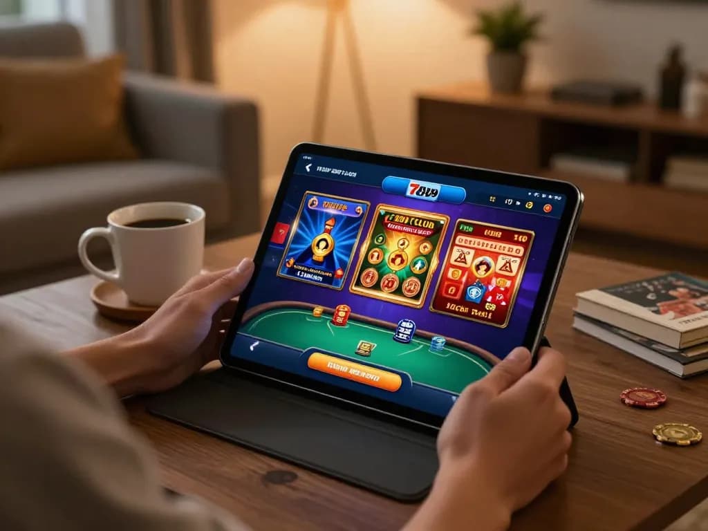 Engaging in online gaming with the 789CLUB app on tablet, showcasing casino excitement in casual setting