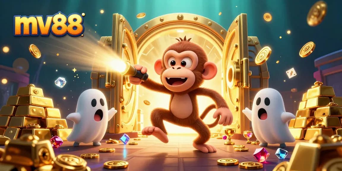 Play and win at mv88 with a lively scene of a poltergeist monkey juggling in a dazzling casino atmosphere