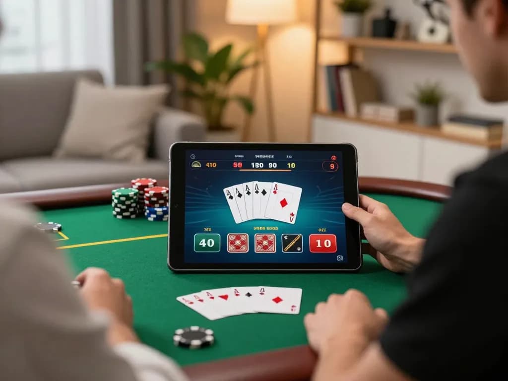 ww88 player engaging in online poker on tablet at home, comfortably gaming in a stylish room.