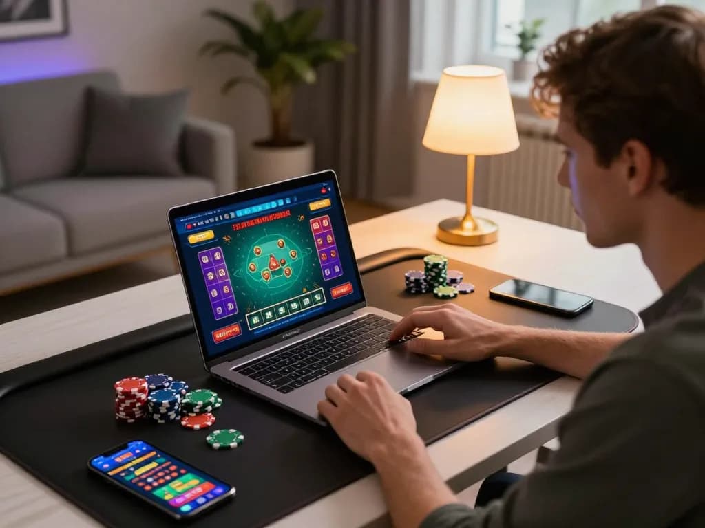Engaged player strategizing with NK88 casino app on their laptop while managing chips