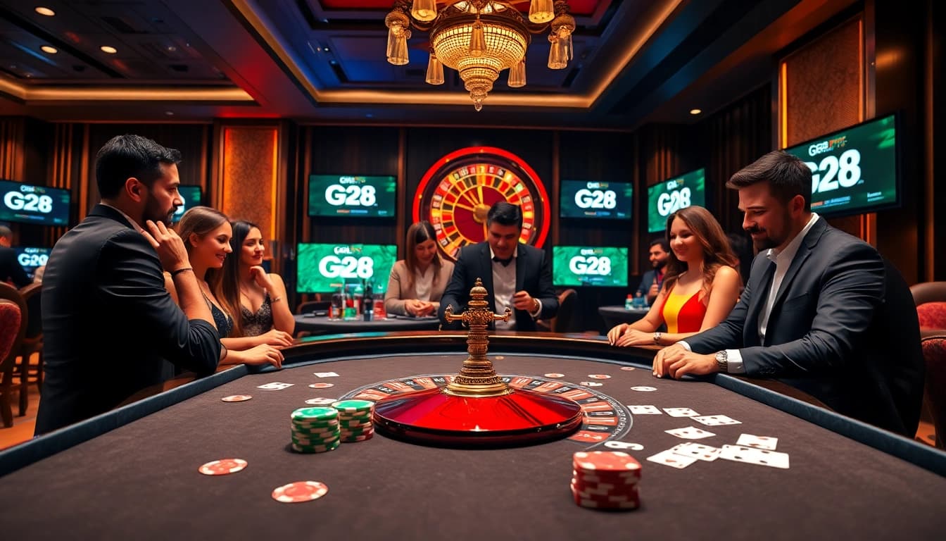 Excited gamblers playing at a vibrant casino table featuring G28 branding amidst luxury surroundings.
