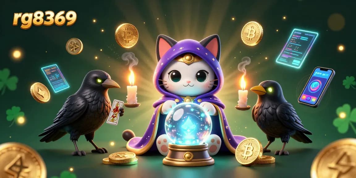 Explore vibrant 3D casino magic with rg8369, featuring a mystic cat and a tarot raven.