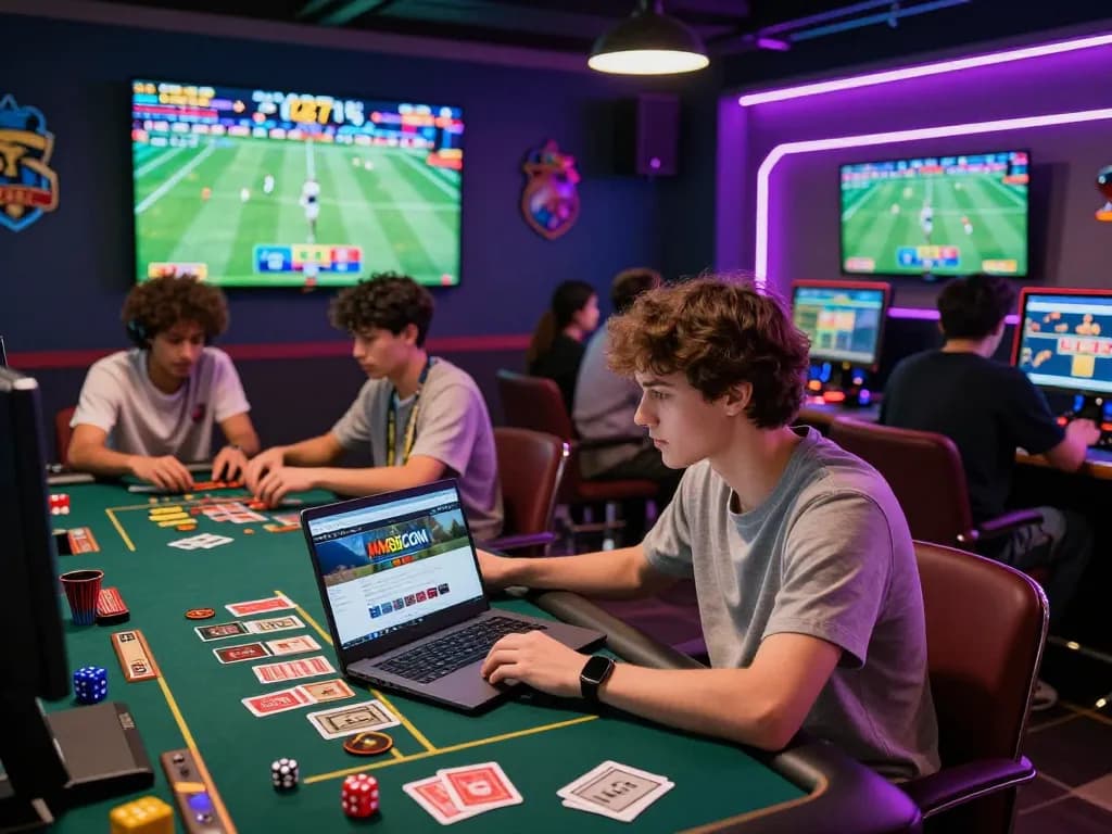 Engaged players in a vibrant gaming lounge using MM88 COM for online betting and casino activities, surrounded by interactive game screens.