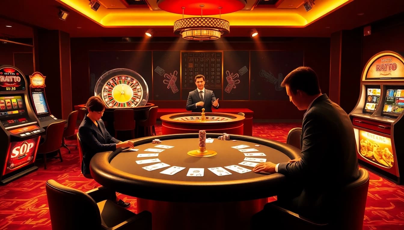 Situs toto gaming scene showcasing an upscale casino with a poker table and roulette wheel.