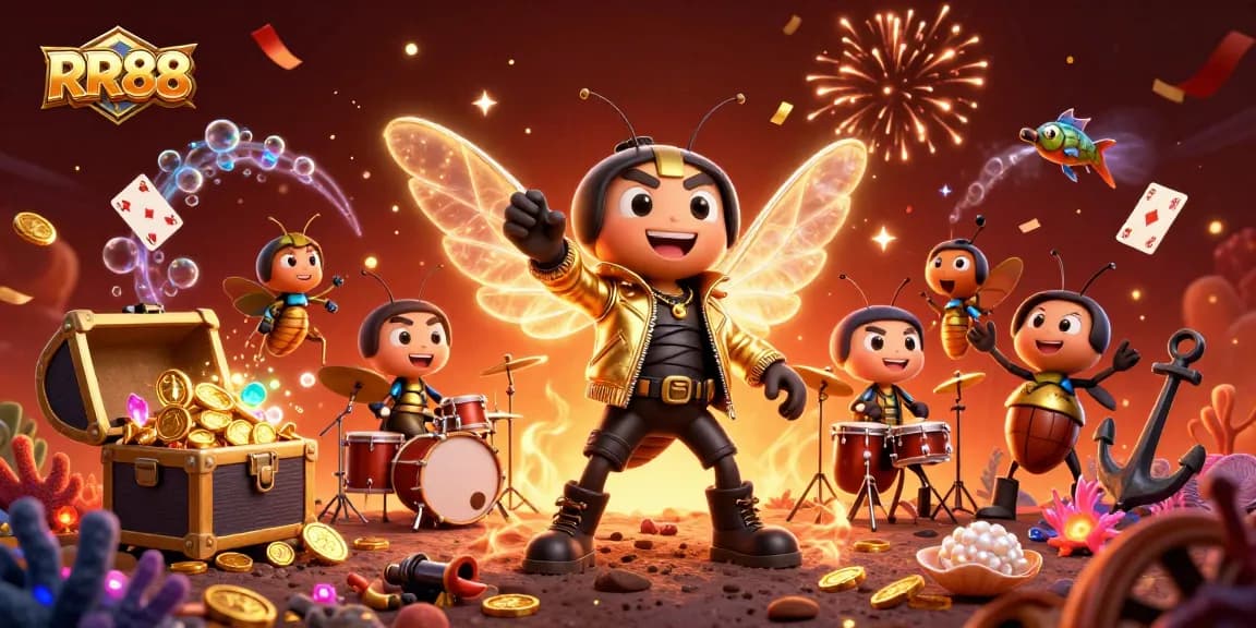 Experience excitement at RR88 with vibrant casino-themed illustration showcasing a rock star cicada.