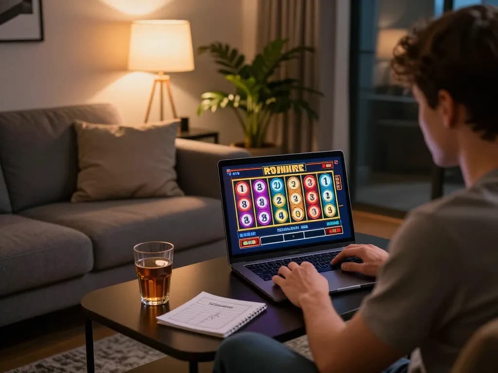 Engaging online pokies Australia gameplay on a laptop in a cozy modern living room atmosphere.