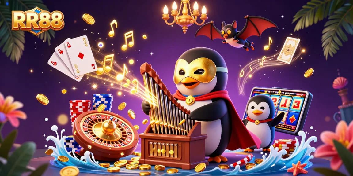 Experience the excitement of RR88's game world with a stunning 3D illustration of a penguin playing a golden organ amid cascading coins.