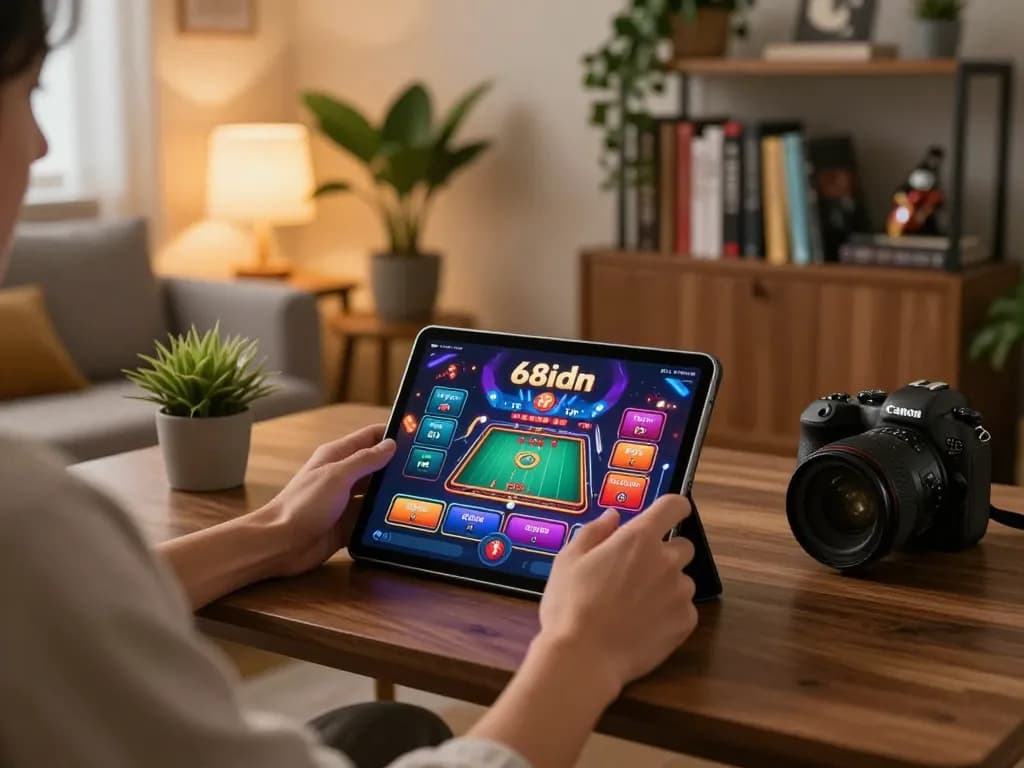 Pemain terlibat dengan aplikasi mobile 68idn di tablet di pengaturan rumah modern, menggambarkan perjudian strategis.