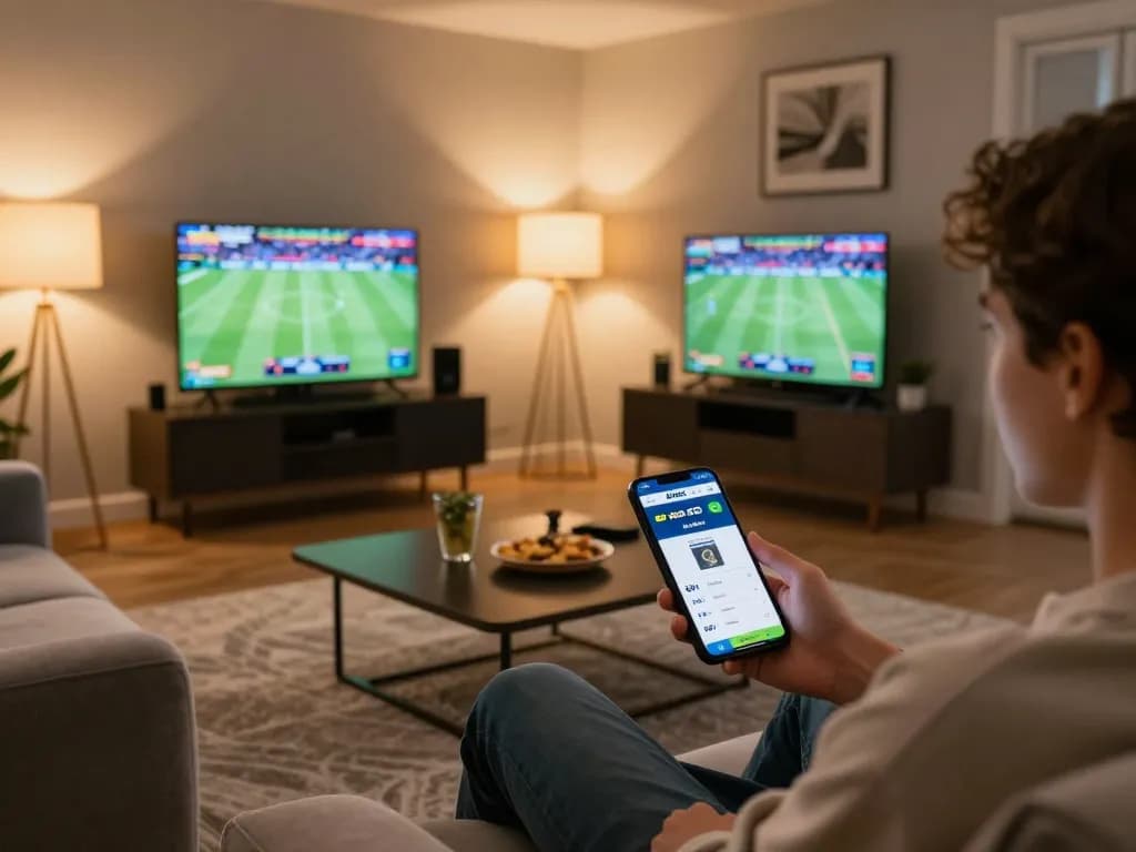 Engaged bettor using the 8xbet app on a smartphone in a cozy living room setting.